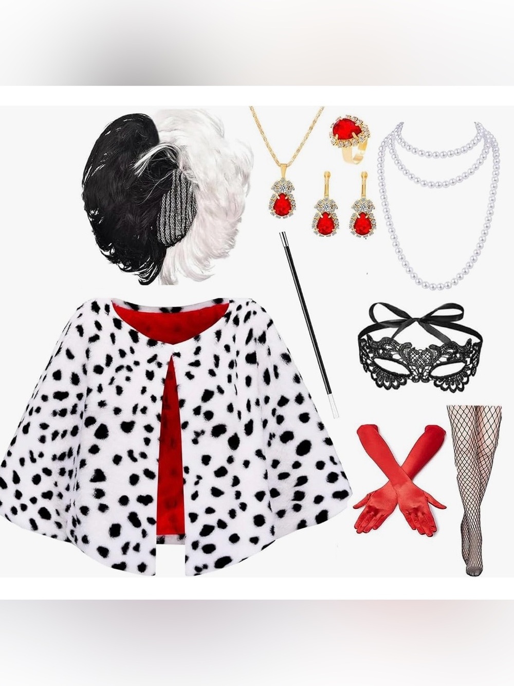 Women Dalmatian Shawl Costume Dress Up Cosplay Black White w Wig Accessories